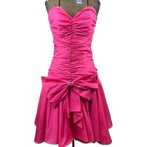 VTG 80s SCARLETT NITE Womens (8) Hot Pink Taffeta Prom Dress Rhinestone Bow USA